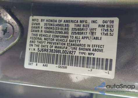 2008 Honda Cr-V Lx z USA, uszkodzony, nr VIN 5J6RE38398L002827
